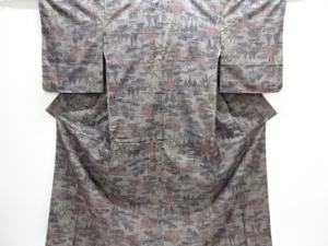 アンティーク　松菊模様織り出し手織り紬着物